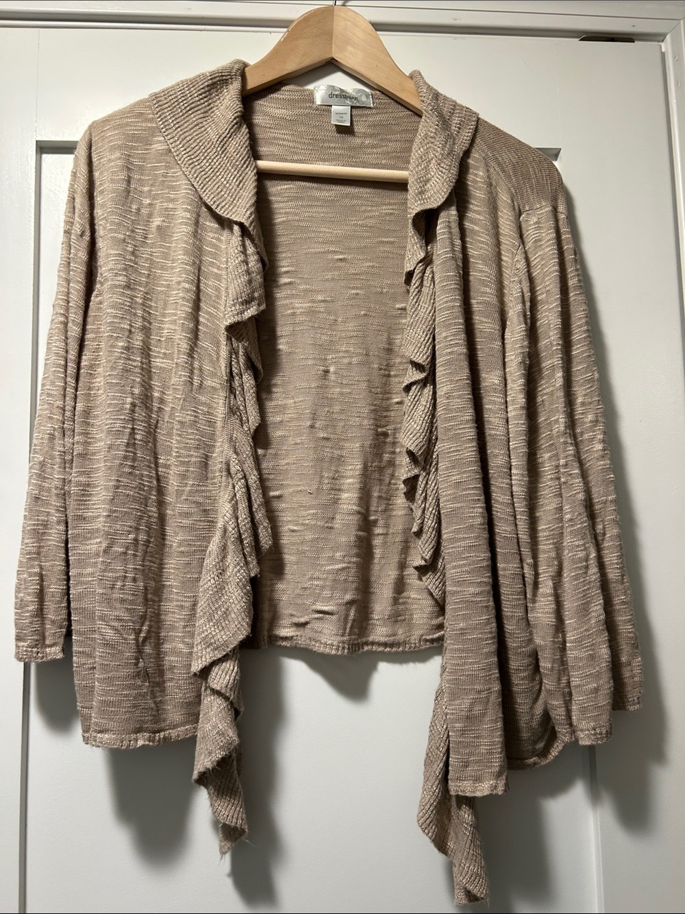 Dressbarn Taupe Ruffle-Front Open Cardigan